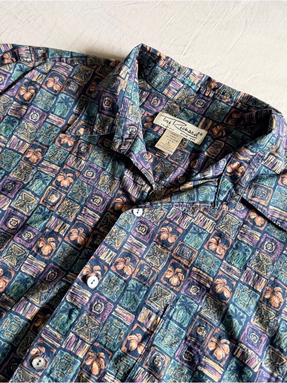Tori Richard Geometric Print Cotton Lawn Hawaiian Button Up Shirt Men’s Large